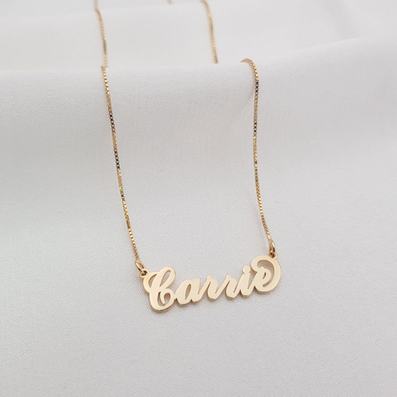 Carrie Font Name Necklace • Personalized Carrie Style Nameplate  • Customized Name Jewelry • 18K Gold Plated Cursive Carrie Name Necklace 