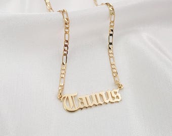 Taurus Script Necklace • Zodiac Sign Figaro Chain Jewelry