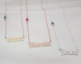 Old English Name Necklace With Birthstone • Gothic Font Nameplate Necklace • Personalized Old English Jewelry • Old English Letter Necklace