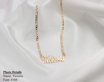 Custom Name Necklace • Script Font Figaro Chain (Gold Plated)