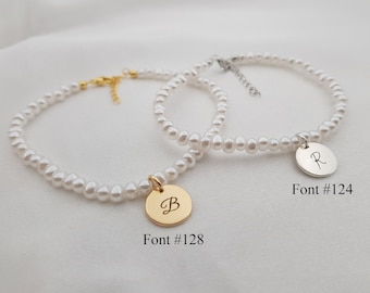 Pearls Initial Bracelet • Custom Disk Bracelet • Personalized Pearl Initial Bracelet • Pearl Bracelets For Women • Dainty Bracelet For Her