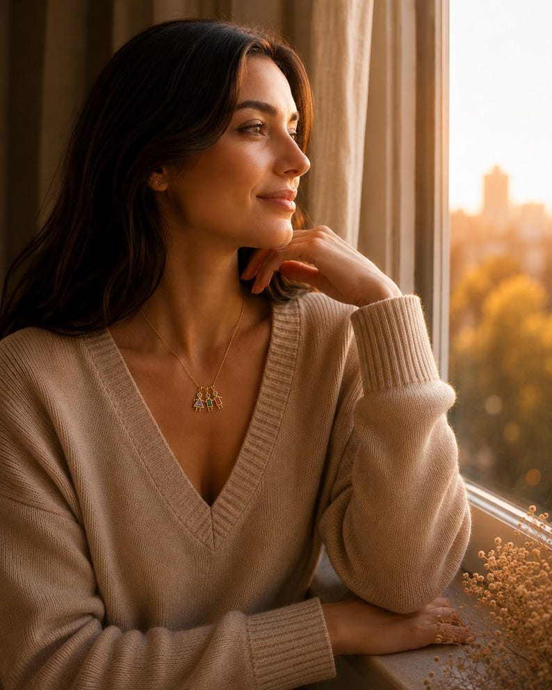 May include: A gold-toned necklace featuring three small, dangling charms shaped like stylized figures. Each charm is accented with a different colored gemstone, including purple, green, and orange, suspended from a delicate gold-colored chain.