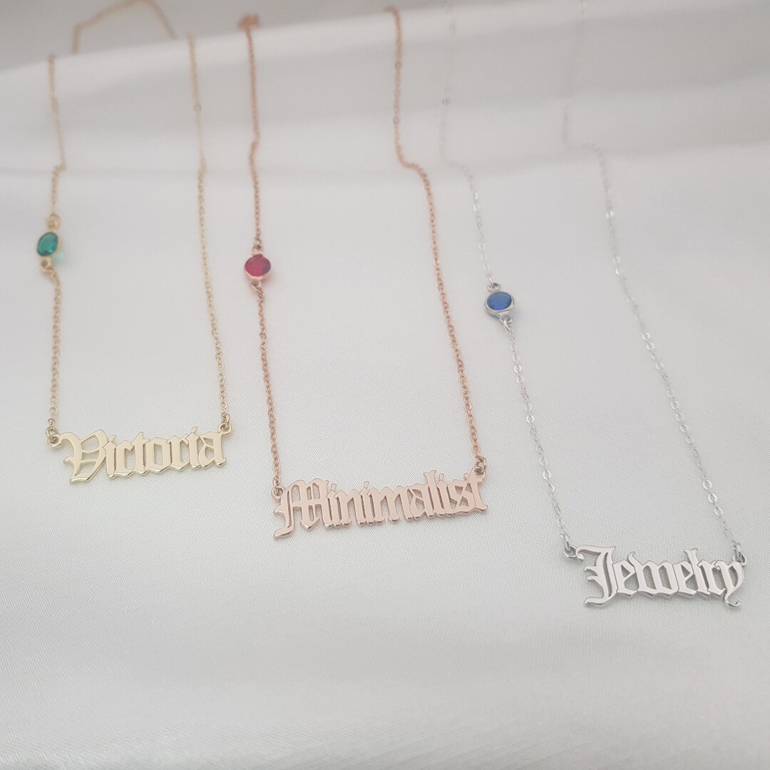 Old English Name Necklace With Birthstone Gothic Font Nameplate