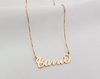 Carrie Font Name Necklace, Personalized Carrie Style Nameplate, Customized Your Name with 14K Solid Gold or Gold Plated, Cursive Name
