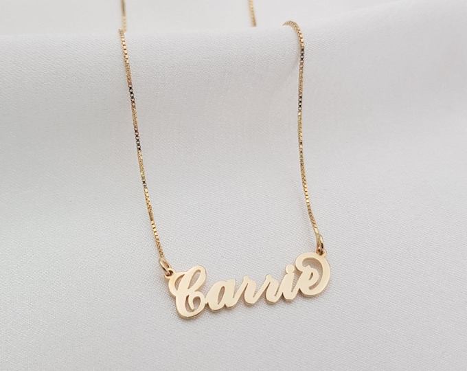 Carrie Font Name Necklace, Personalized Carrie Style Nameplate, Customized Your Name with 14K Solid Gold or Gold Plated, Cursive Name