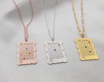 Calendar Birthstone Necklace, Personalized Family Date Necklace, Custom Engraved Birthday Necklace, Anniversary Gift, Save the Date Necklace