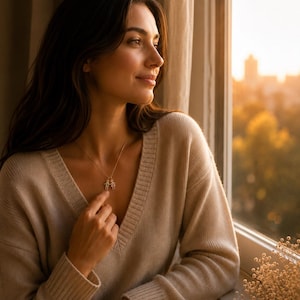 May include: A gold-toned necklace featuring two small, stylized human figure charms, one representing a person with a triangular skirt shape and the other a person with a straight-legged shape, suspended from a delicate, thin gold-toned chain.