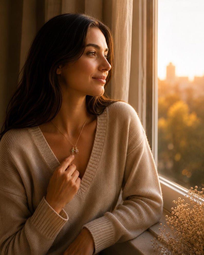 May include: A gold-toned necklace featuring two small, stylized human figure charms, one representing a person with a triangular skirt shape and the other a person with a straight-legged shape, suspended from a delicate, thin gold-toned chain.