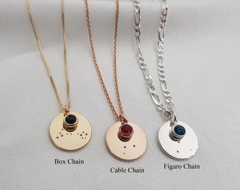 Zodiac Necklace With Birthstone • Constellation Coin Necklace • Celestial Necklace Birthstone • Birthstone Zodiac Necklace • Astrology Gifts