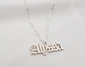 Custom Old English Name Necklace With Figaro Chain, Gothic Figaro Chain Name Necklace, Gothic Old English Font Jewelry, Old English Letter