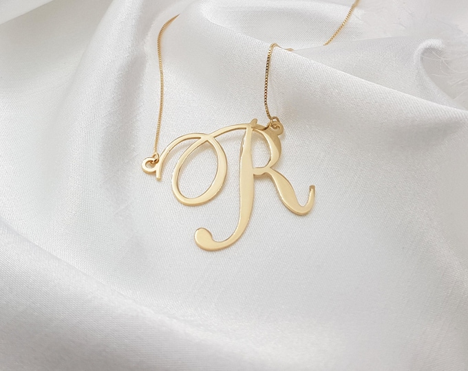 Initial Letter Necklace • Personalized Big Letter Monogram Necklace • Cursive Handwriting Capitalized Letter Pendant • Personal Gift For Her