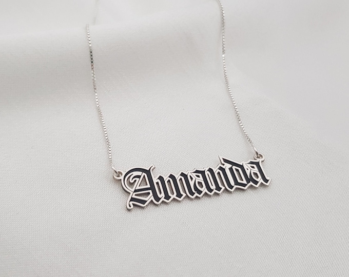 Colorful Old English Font Name Necklace • Gothic Style Name Pendant With Color Filling  • Old English Script Nameplate • Custom Goth Jewelry
