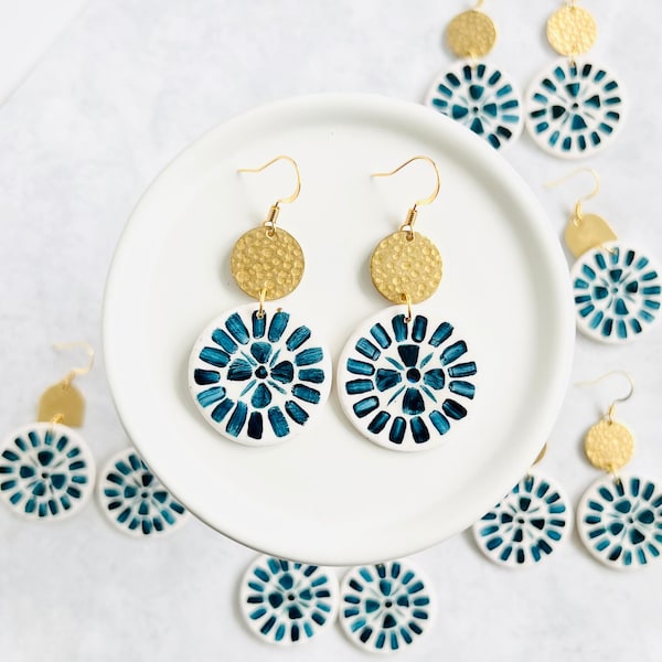 Painted Tile Polymer Clay and Brass Earrings | Handmade Jewelry Gold Plated Backings