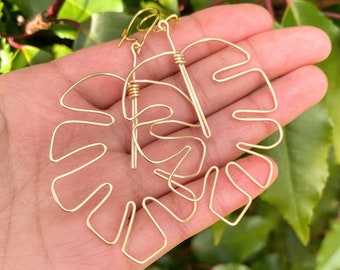 Monstera Earrings Handmade Gold SIlver Rose Gold Wire Wrapped Large Statement