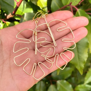 Monstera Earrings Handmade Gold SIlver Rose Gold Wire Wrapped Large Statement