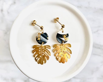 Polymer Clay and Brass Monstera Earrings | Handmade Gold Plated Posts