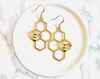 Brass Honeycomb Bee Earrings | Gold Plated Backings