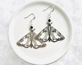 Silver Moth Earrings with Black Crystal