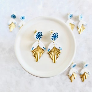 Painted Tile Polymer Clay and Brass Earrings | Handmade Jewelry Gold Plated Backings