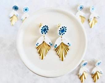 Painted Tile Polymer Clay and Brass Earrings | Handmade Jewelry Gold Plated Backings