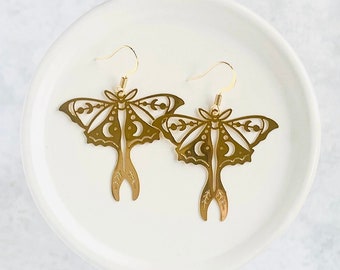 Brass Lunar Moth Earrings | Gold Plated Backings