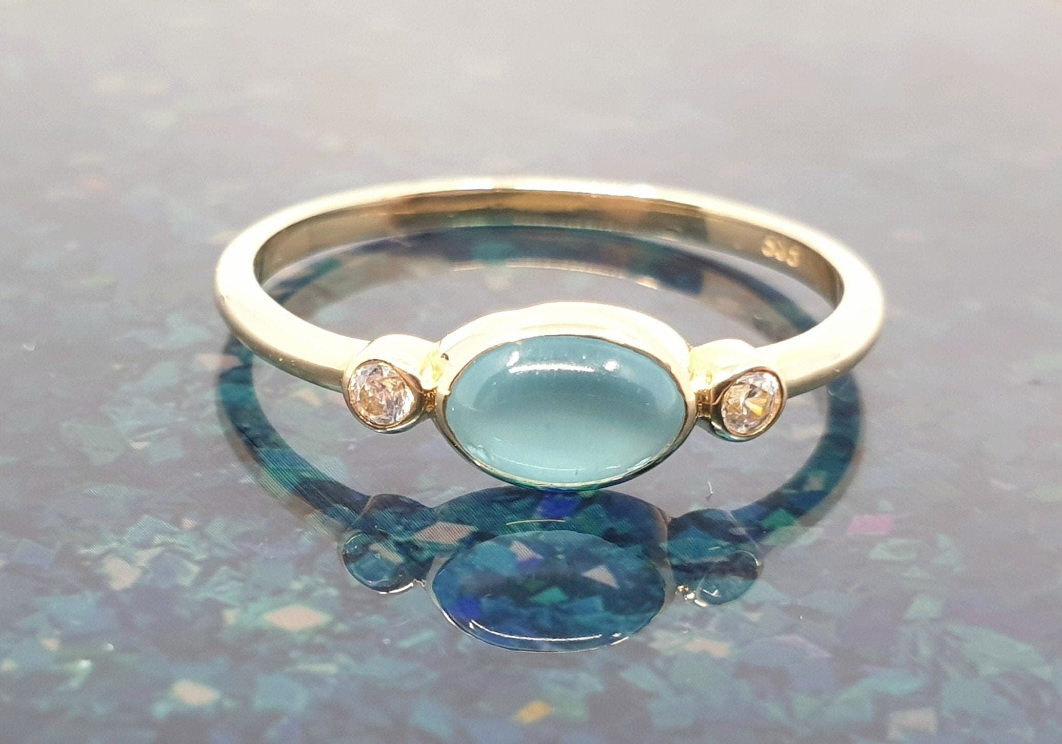 14K Gold Ring Light Blue Oval Stone 2 Pieces Rhinestones | Etsy