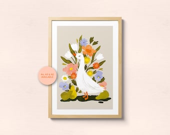 Floral Goose Art Print – Cheerful Whimsical Illustration