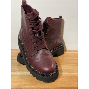 Vince Camuto Womens Mindinta Combat Boots Burgundy Leather Block Heel Ankle 6.5M