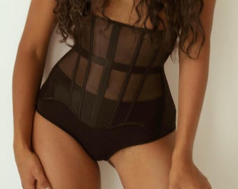Black underbust mesh steel boned corset trainer, waist cincher