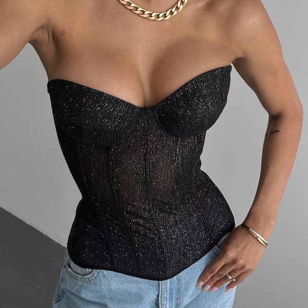 Rhinestone Corset Top - Shiny Bling Club Wear For Stage Performance & Parties