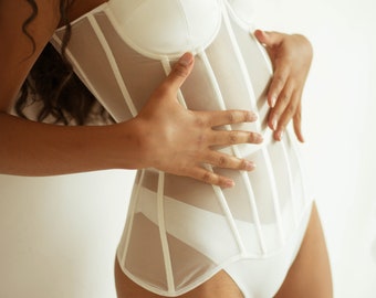Overbust Transparent Corset with cups, bridal bustier, ivory wedding corset, hourglass corset, Bridal Shower Gift, Honeymoon Corset