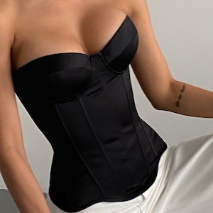 Black Satin overbust Corset with cups Bustier