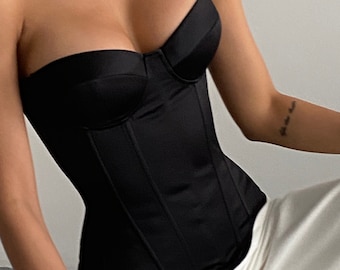 Black Satin overbust Corset with cups Bustier