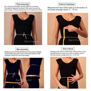 May include: A four-part instructional guide for measuring the body for a corset. The text includes Waist measuring, Waist to Underbust, Hips measuring, and Waist to Bottom. A yellow measuring tape is used to show the placement for each measurement.