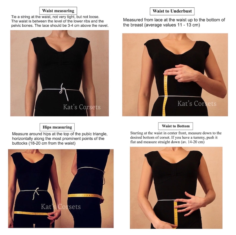 May include: A four-part instructional guide for measuring the body for a corset. The text includes Waist measuring, Waist to Underbust, Hips measuring, and Waist to Bottom. A yellow measuring tape is used to show the placement for each measurement.