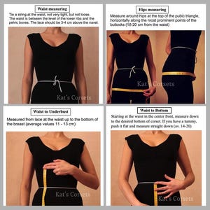 Pu&ograve; includere: Diagramma che mostra come misurare la vita, i fianchi, la vita sotto il seno e la vita fino al fondo per un corsetto. Il diagramma mostra una donna che indossa un abito nero e utilizza un metro a nastro per prendere le misure.