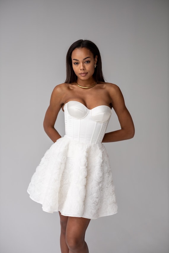 Ivory Corset Mini Wedding Dress: Corset top & Floral Textured Applique short Skirt for Bride or Bridesmaids, prom outfit, engagement party