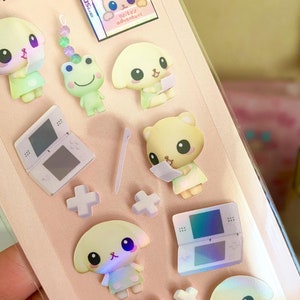 süßer rosa y2k Videospiel mit Bär und Hase 3D Deko Sticker Bogen, Polco, Toploader Kpop Deko Sticker