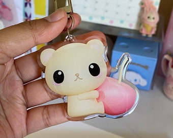 Cute Bear With a Cherry Acrylic Keychain Double Sided Kawaii Bear Holographic Glitter Epoxy Keychain