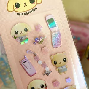 celular rosa y2k com urso e coelho 3D deco adesivo folha, polco, toploader kpop deco adesivo