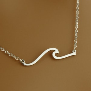 May include: A silver-colored necklace featuring a wave design. The pendant is a stylized representation of a wave, with a curved crest and flowing lines. The necklace chain is delicate and complements the pendant's minimalist style. The background is a solid brown.