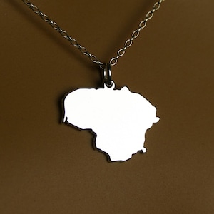 May include: A silver-colored necklace featuring a pendant in the shape of the country of Lithuania. The pendant hangs from a delicate chain. The necklace is displayed against a brown background.