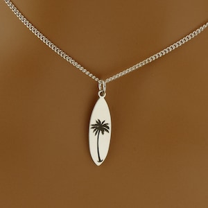 High Quality Surfboard Necklace  • Gift • Sterling Silver Surfboard Shaped Pendant with Palm Tree Engraving