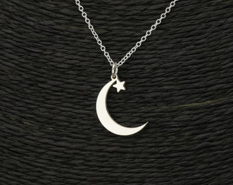 High Quality Sterling Silver Crescent Pakistan Moon And Star Necklace • Islamic Gift • Simple Dainty Moon And Star Pendant