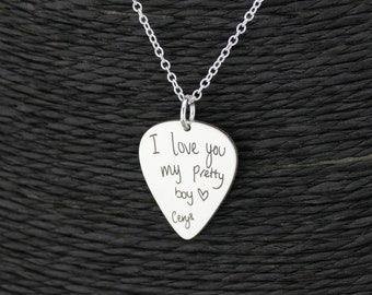Sterling Silver Plectrum Personalised Drawing Necklace • Personalised Gift • Gold Custom Drawing Chain And Pendant guitar pick