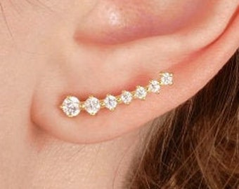 Gold Ear Climber Earrings, Gold Crawler Earrings, Gold Crystal Ear Cuffs Climber Earrings