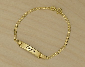 Personalised 9ct Yellow Gold Identity ID Childrens Bracelet / Custom Engraved 9ct Gold Kids Name Curb Link Bracelet