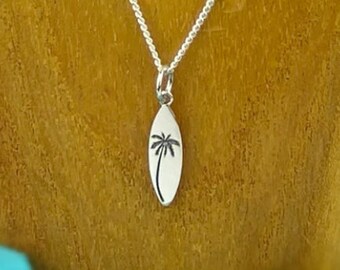 High Quality Surfboard Necklace  • Gift • Sterling Silver Surfboard Shaped Pendant with Palm Tree Engraving