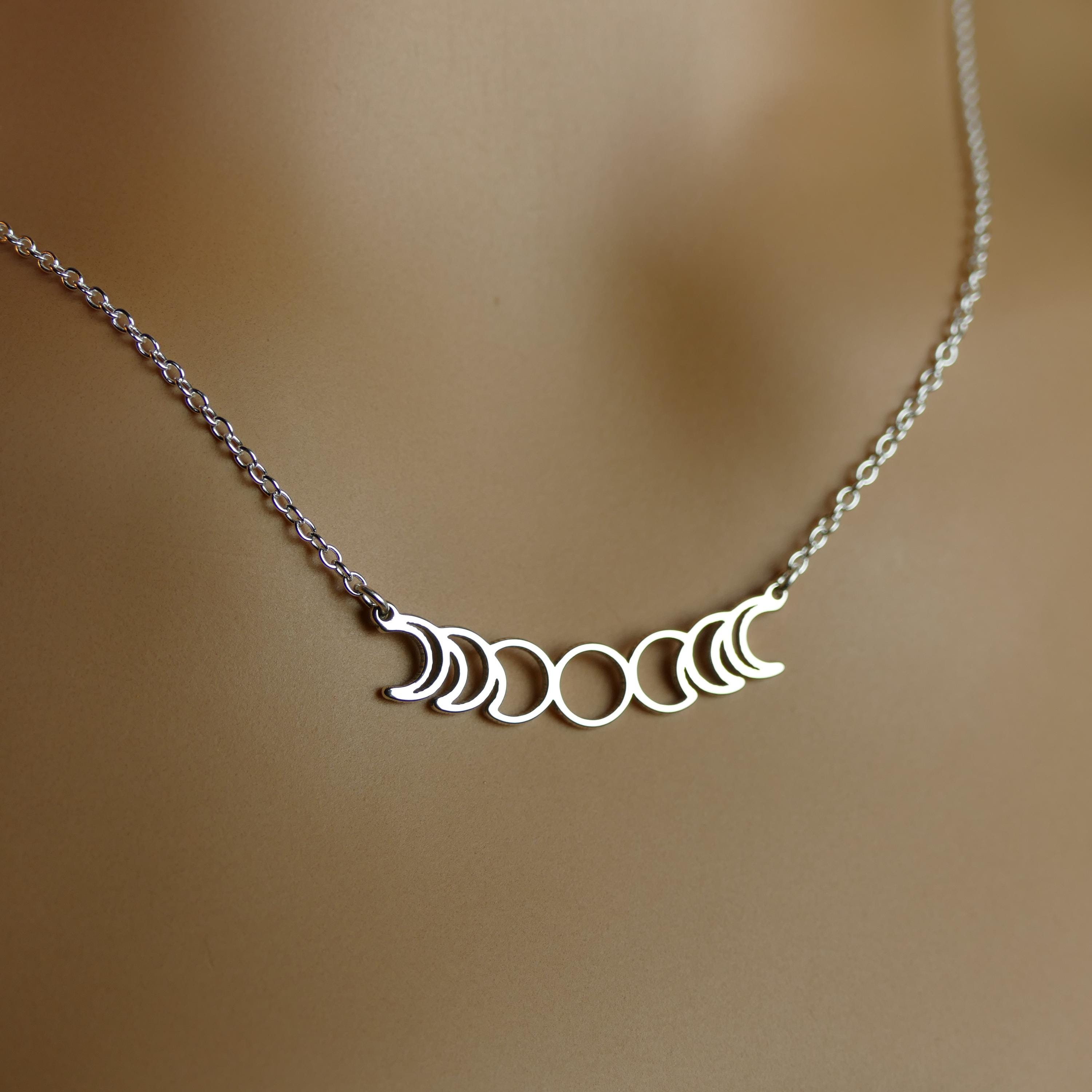 Accessori per ragazze Collana con fasi lunari a forma di spazio in argento sterling 925 per donne, collana con ciondolo luna vintage - Collana con luna crescente in argento, gioielli lunari per