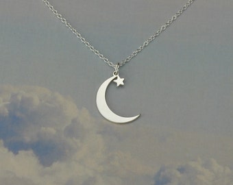 High Quality Sterling Silver Crescent Moon And Star Necklace • Gift • Simple Dainty Moon And Star Pendant